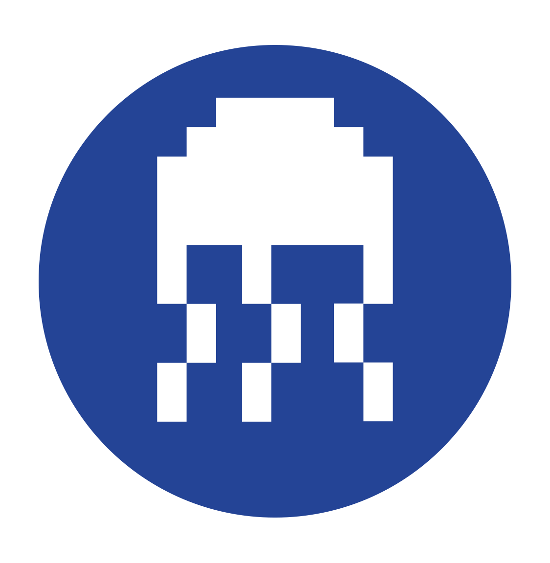A white background with. blue circle with a pixelated jellyfish inside it.